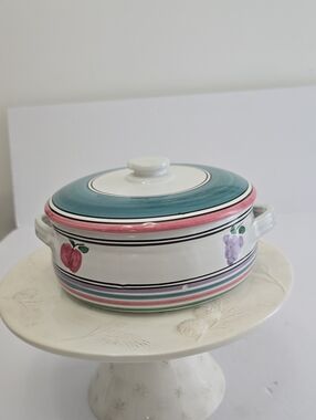 Caleca Orchard  Italy Handpainted Covered Casserole Dish Ceramic Fruit Bands